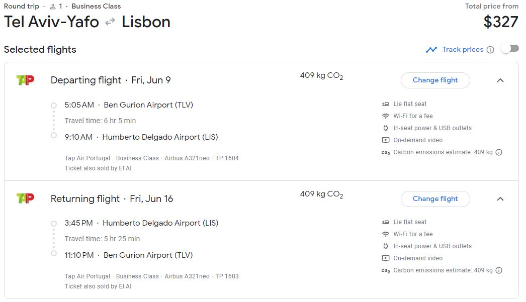 Error Fare Business Class flights from Tel Aviv to Lisbon, Portugal for only $327 USD roundtrip with TAP Air Portugal. Flight deal ticket image.