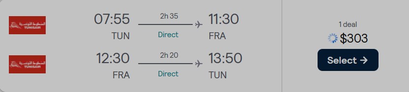 Non-stop flights from Tunis, Tunisia to Frankfurt, Germany for only $303 USD roundtrip. Flight deal ticket image.