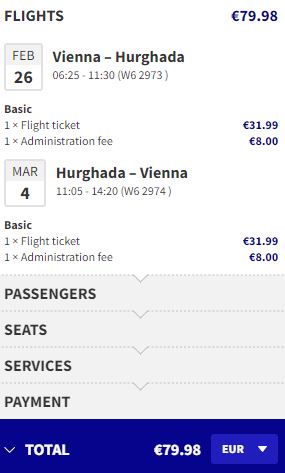 Non-stop flights from Vienna, Austria to Hurghada, Egypt for only €79 roundtrip. Flight deal ticket image.