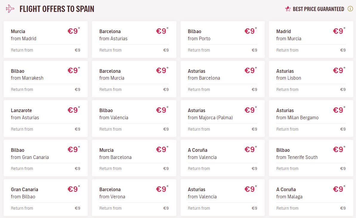Fly one-way on many international European routes from a cheap €9 with Volotea. Flight deal ticket image.