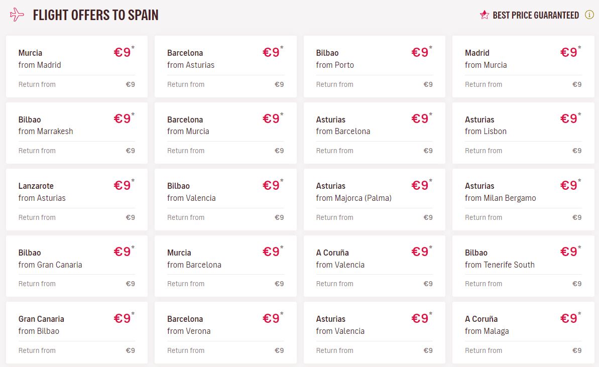 Click here to book this cheap flight deal. Fly one-way on many international European routes from a cheap €9 with Volotea. Flight deal ticket image.