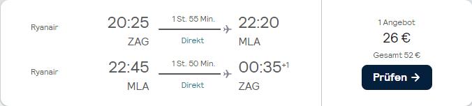 Non-stop flights from Zagreb, Croatia to Malta for only €26 roundtrip. Flight deal ticket image.