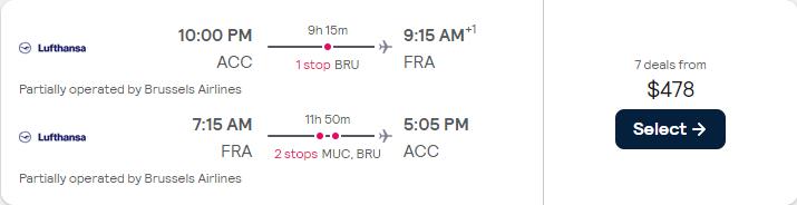 Vols pas chers d'Accra, Ghana à Francfort, Allemagne pour seulement 483 $ US aller-retour avec Brussels Airlines et Lufthansa.  Image du billet de l'offre de vol.