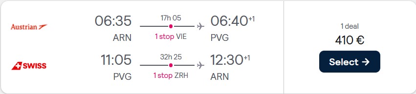 Click here to book this cheap flight deal. Cheap flights from Scandinavian cities to Shanghai, China from only €410 roundtrip with Austrian Airlines and Swiss International Air Lines. Flight deal ticket image.