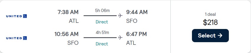 Non-stop, summer flights from Atlanta to San Francisco for only $218 roundtrip with United Airlines. Also works in reverse. Flight deal ticket image.