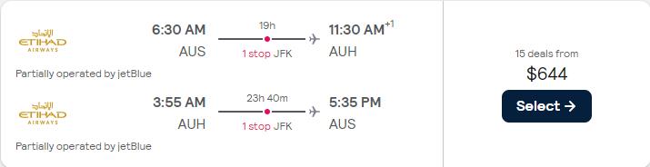Cheap flights from Austin, Texas to Abu Dhabi, UAE for only $644 roundtrip with JetBlue and Etihad Airways. Flight deal ticket image.