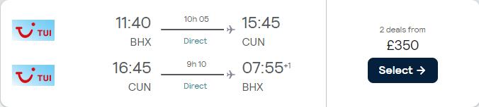 Vols sans escale depuis des villes du Royaume-Uni vers Cancun, au Mexique, à partir de seulement 350 £ aller-retour.  Image du billet de l'offre de vol.