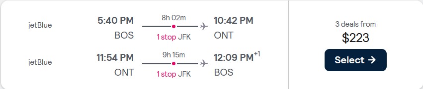Click here to book this cheap flight deal. Cheap flights from Boston to Ontario, California for only $223 roundtrip with JetBlue. Also works in reverse. Flight deal ticket image.