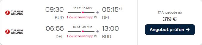 Cheap flights from Budapest, Hungary to Delhi, India for only €319 roundtrip with Turkish Airlines. Flight deal ticket image.