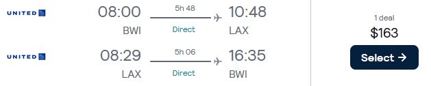 Non-stop flights from Baltimore to Los Angeles for only $163 roundtrip with United Airlines. Also works in reverse. Flight deal ticket image.