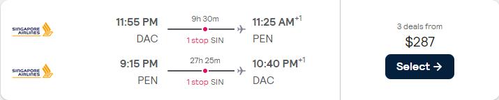 Click here to book this cheap flight deal. Cheap flights from Dhaka, Bangladesh to Penang, Malaysia for only $287 USD roundtrip with Singapore Airlines. Flight deal ticket image.