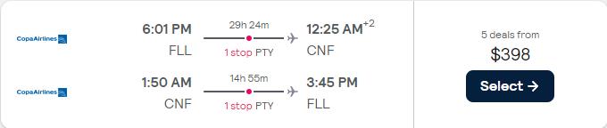 Cheap flights from Fort Lauderdale to Belo Horizonte, Brazil for only $398 roundtrip with Copa Airlines. Flight deal ticket image.