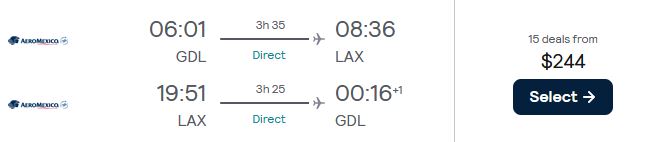 Non-stop, summer flights from Guadalajara, Mexico to Los Angeles, USA for only $244 USD roundtrip with Aeromexico. Flight deal ticket image.
