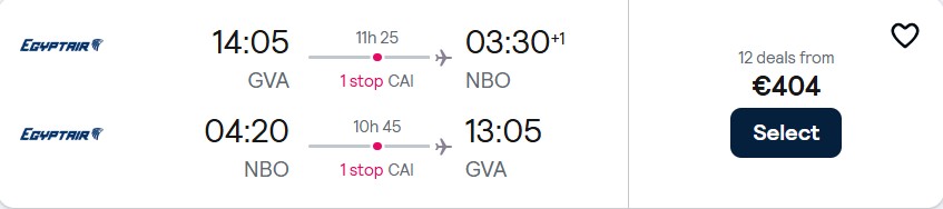 Cheap flights from Geneva or Zurich, Switzerland to Nairobi, Kenya from only €404 roundtrip. Flight deal ticket image.