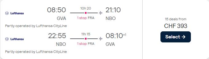 Cheap flights from Geneva or Zurich, Switzerland to Nairobi, Kenya for only €404 roundtrip with Lufthansa. Flight deal ticket image.