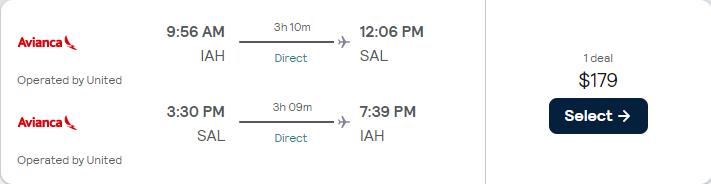 Non-stop flights from Houston, Texas to San Salvador, El Salvador for only $179 roundtrip with United Airlines. Flight deal ticket image.
