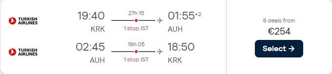 Cheap flights from Krakow, Poland to Abu Dhabi, UAE for only €254 roundtrip with Turkish Airlines. Flight deal ticket image.
