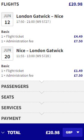 Non-stop flights from London, UK to Nice, France for only £20 roundtrip. Flight deal ticket image.