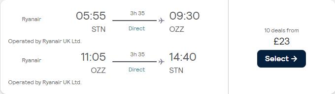 Vols sans escale de Londres, Royaume-Uni à Ouarzazate, Maroc pour seulement 23 £ aller-retour.  Image du billet de l'offre de vol.