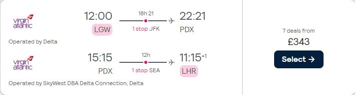 Cheap flights from London, UK to Portland, Oregon for only £343 roundtrip with Delta Air Lines. Flight deal ticket image.
