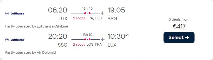 Click here to book this cheap flight deal. Cheap flights from Luxembourg to Bioko Island, Equatorial Guinea for only €417 roundtrip with Lufthansa. Flight deal ticket image.