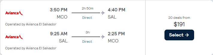 Click here to book this cheap flight deal. Non-stop, summer flights from Orlando, Florida to San Salvador, El Salvador for only $191 roundtrip. Flight deal ticket image.