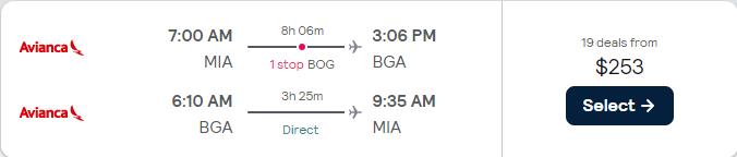 Cheap flights from Miami to Bucaramanga, Colombia for only $253 roundtrip with Avianca. Flight deal ticket image.