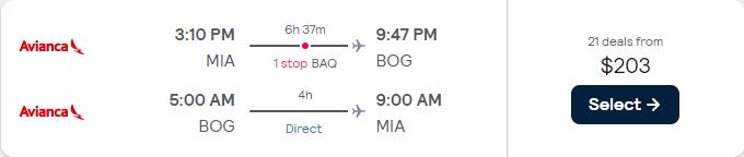 Cheap flights from Miami to Bogota, Colombia for only $203 roundtrip with Avianca. Flight deal ticket image.