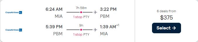 Last minute flights from Miami to Paramaribo, Suriname for only $375 roundtrip with Copa Airlines. Flight deal ticket image.