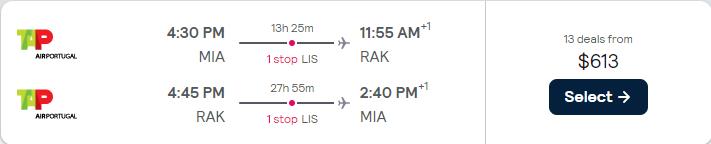 Cheap flights from Miami to Marrakesh, Morocco for only $613 roundtrip with TAP Air Portugal. Flight deal ticket image.