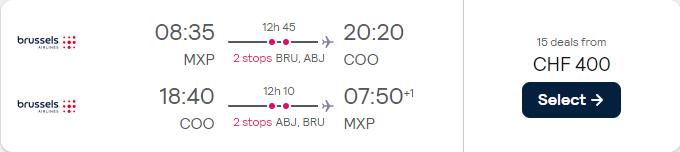 Vols pas chers de Milan, Italie à Cotonou, Bénin pour seulement 411 € aller-retour avec Brussels Airlines.  Image du billet de l'offre de vol.