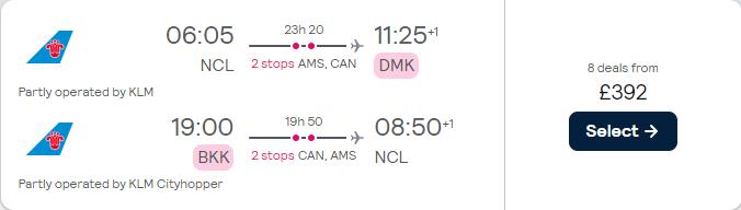 Click here to book this cheap flight deal. Cheap flights from Newcastle, UK to Bangkok, Thailand for only £392 roundtrip with KLM. Flight deal ticket image.