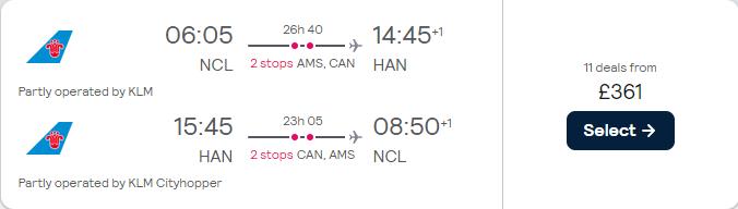 Cheap flights from Newcastle, UK to Hanoi or Ho Chi Minh City, Vietnam from only £361 roundtrip with KLM. Flight deal ticket image.