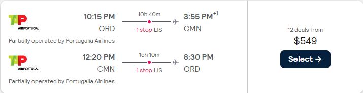 Vols pas chers de Chicago à Casablanca, Maroc pour seulement 549 $ aller-retour avec TAP Air Portugal.  Image du billet de l'offre de vol.