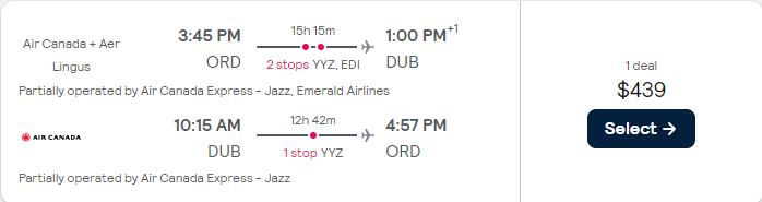 Premium Economy flights from Chicago to Dublin, Ireland for only $439 roundtrip with Air Canada. Flight deal ticket image.