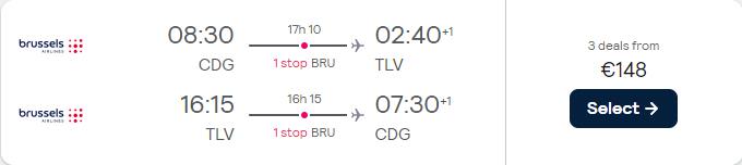 Cheap flights from Paris, France to Tel Aviv, Israel for only €148 roundtrip with Brussels Airlines. Flight deal ticket image.