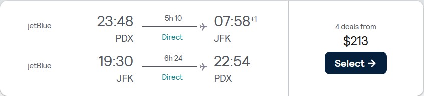 Summer flights from Portland, Oregon to New York for only $213 roundtrip with JetBlue. Also works in reverse. Flight deal ticket image.