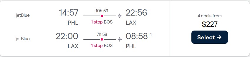 Cheap flights from Philadelphia to Los Angeles for only $227 roundtrip with JetBlue. Also works in reverse. Flight deal ticket image.
