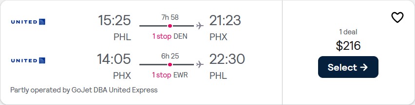 Summer flights from Philadelphia to Phoenix, Arizona for only $216 roundtrip with United Airlines. Also works in reverse. Flight deal ticket image.