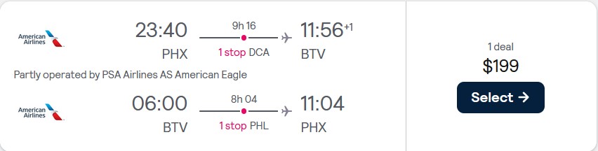 Cheap flights from Phoenix, Arizona to Burlington for only $199 roundtrip with American Airlines. Also works in reverse. Flight deal ticket image.