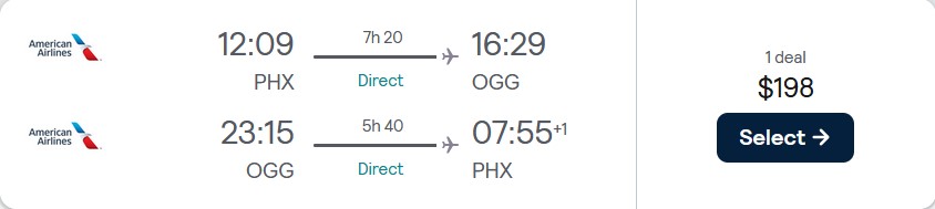 Non-stop flights from Phoenix, Arizona to Kahului, Hawaii for only $198 roundtrip with American Airlines. Also works in reverse. Flight deal ticket image.