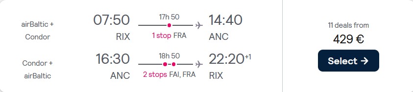 Click here to book this cheap flight deal. Cheap flights from Riga, Latvia to Anchorage, Alaska for only €429 roundtrip. Flight deal ticket image.