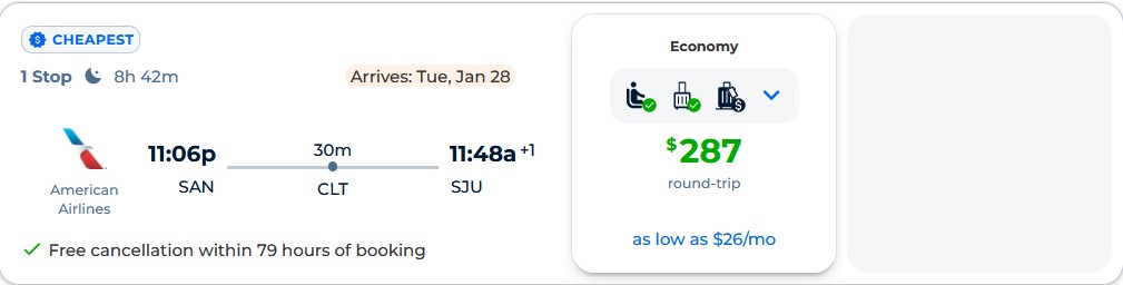 Cheap flights from San Diego to San Juan, Puerto Rico for only $287 roundtrip with American Airlines. Flight deal ticket image.