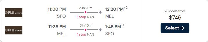 Summer flights from San Francisco to Melbourne or Sydney, Australia from only $746 roundtrip with Fiji Airways. Flight deal ticket image.