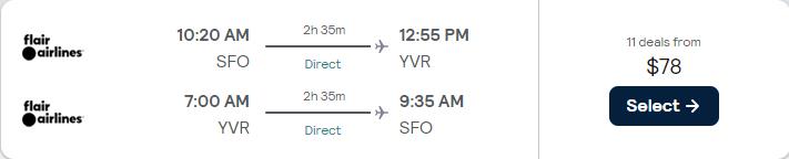 Non-stop flights from San Francisco or Los Angeles to Vancouver, Canada from only $78 roundtrip. Flight deal ticket image.