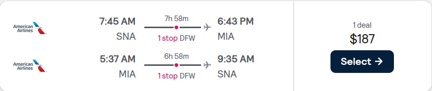 Cheap flights from Santa Ana, California to Miami for only $187 roundtrip with American Airlines. Also works in reverse. Flight deal ticket image.