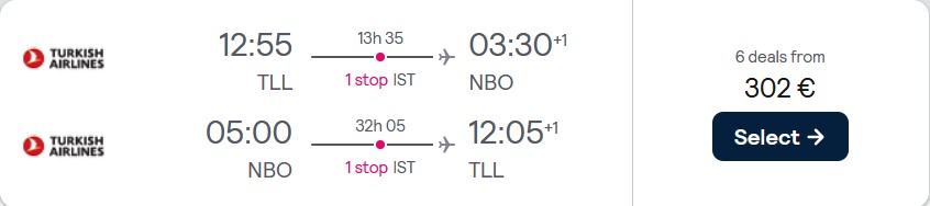 Click here to book this cheap flight deal. Cheap flights from Tallinn, Estonia or Riga, Latvia to Nairobi, Kenya from only €302 roundtrip with Turkish Airlines. Flight deal ticket image.