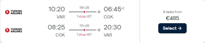 Cheap flights from Varna or Sofia, Bulgaria to Jakarta, Indonesia from only €485 roundtrip with Turkish Airlines. Flight deal ticket image.