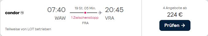 Last minute flights from Warsaw, Poland to Varadero, Cuba for only €224 one-way with LOT Polish Airlines. Flight deal ticket image.