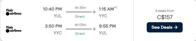 Non-stop flights from Montreal, Canada to Calgary, Canada for only $157 CAD roundtrip. Flight deal ticket image.